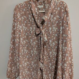 Max Studio Floral Tie-Neck Blouse - Cream and Tan